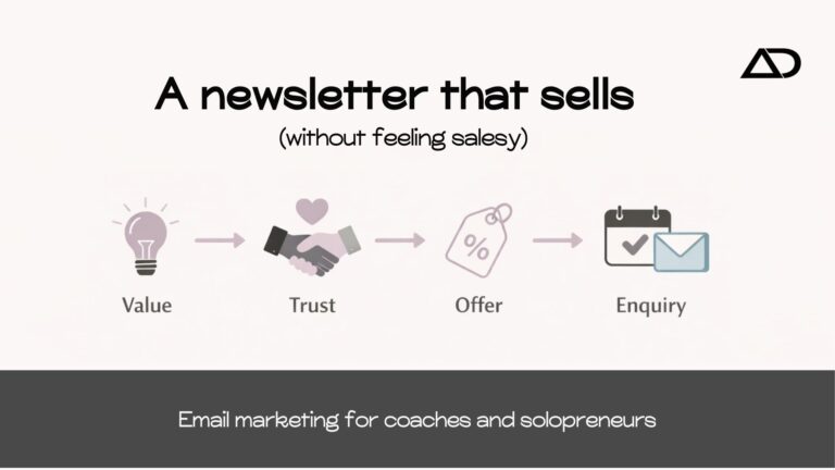 Landscape infographic showing a simple email newsletter workflow: Value → Trust → Offer → Enquiry, with the headline ‘A newsletter that sells (without feeling salesy)’ and the caption ‘Email marketing for coaches and solopreneurs